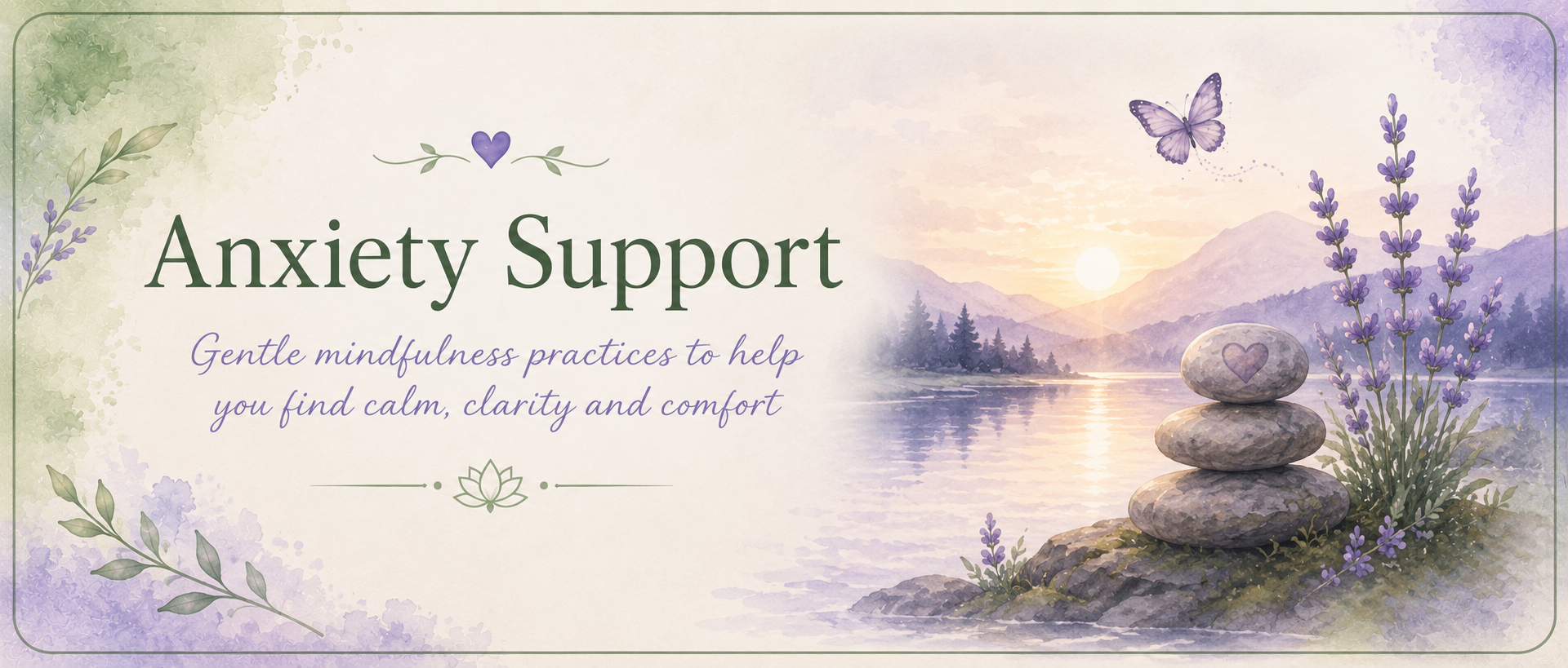 A calming watercolor landscape with a sunset over mountains, a lake, lavender flowers, a fluttering butterfly, and a stack of three rocks with a heart on the top rock. Text reads "Anxiety Support" with a subtitle about mindfulness practices for calm and comfort.
