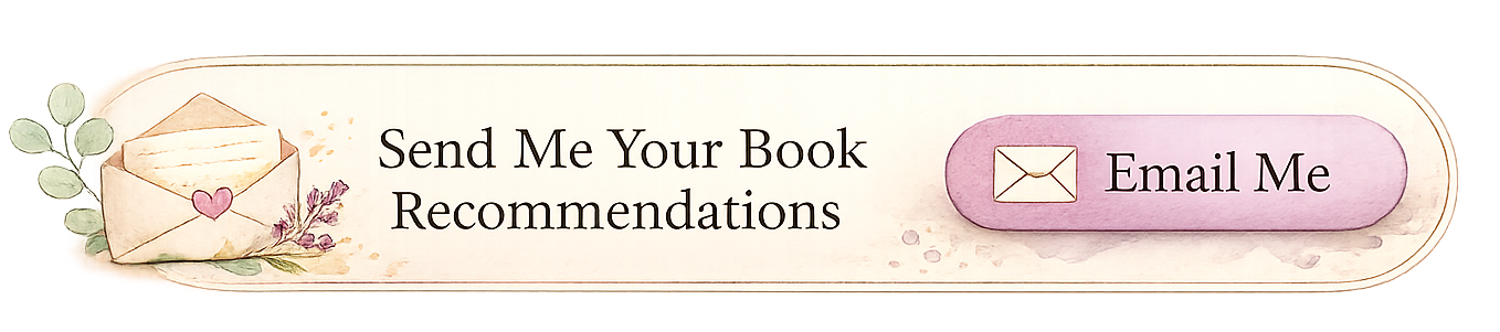 Decorative call-to-action button with an envelope icon and the text 'Email Me' next to a message envelope illustration with a pink heart and floral accents, prompting users to send book recommendations.