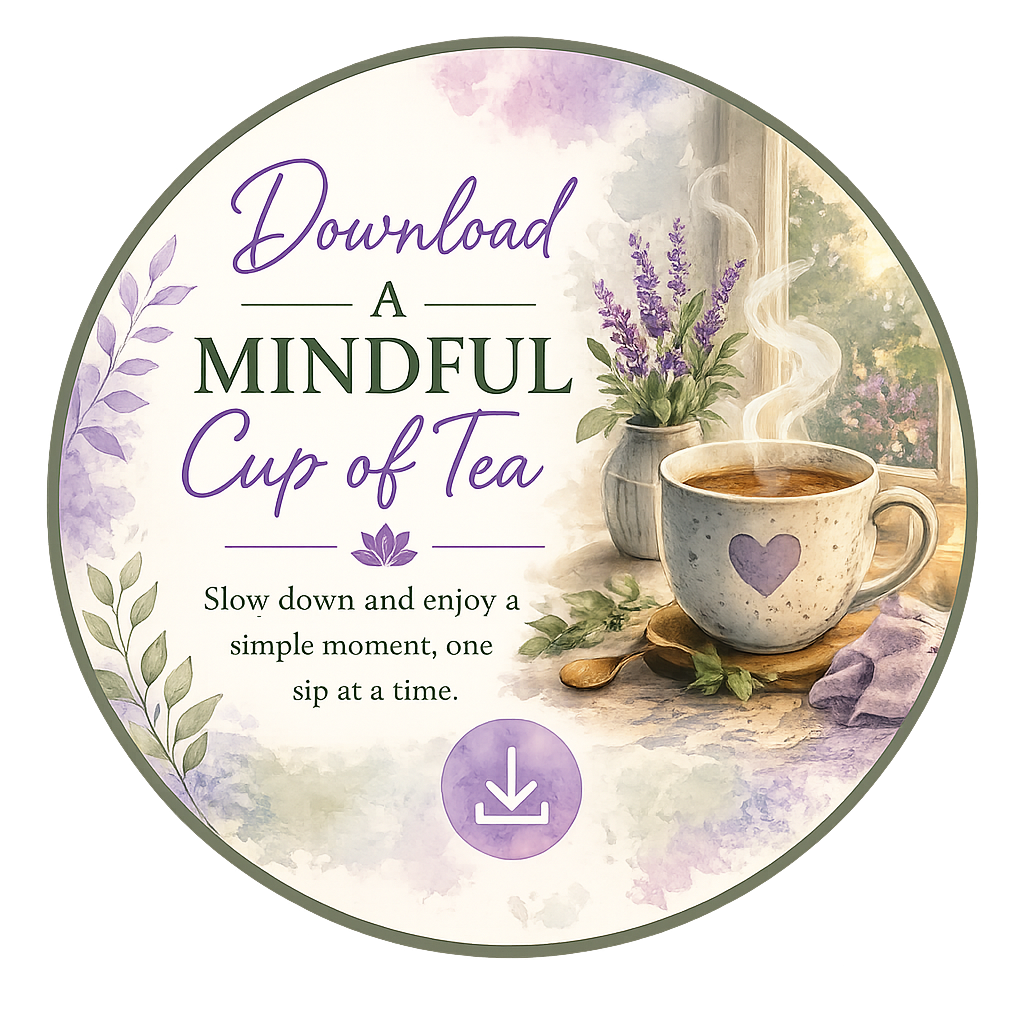 Illustration of a cup of tea on a windowsill with lavender flowers, steam rising, and a wooden spoon, accompanied by text encouraging mindful tea drinking and a download icon.