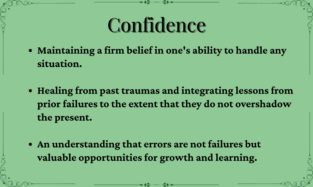 A green poster with black decorative borders and the word 'Confidence' at the top. Below, it lists three bullet points defining confidence as maintaining belief in oneself, healing from past traumas, and understanding that errors are opportunities for growth.