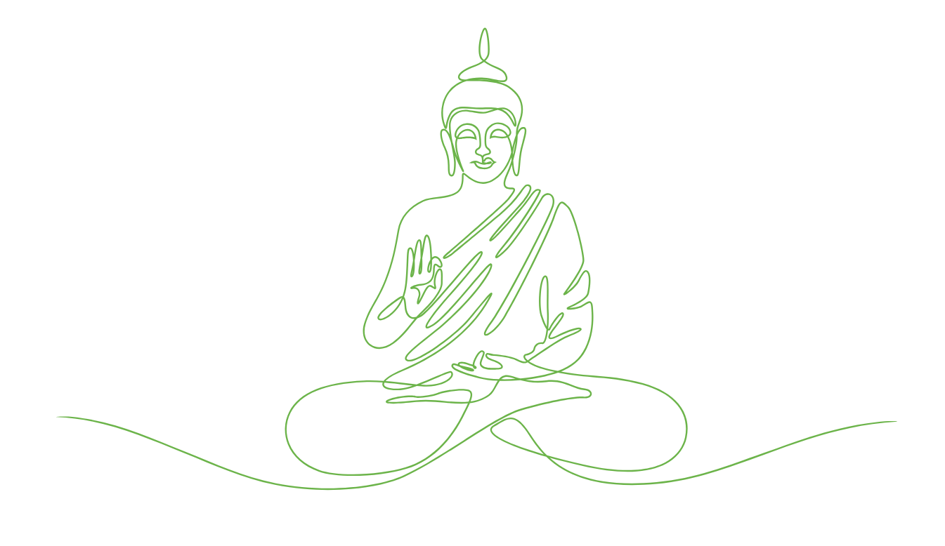 A minimalist green line drawing of a seated Buddha with one hand raised in a gesture of blessing and the other resting on its lap, set against a black background.