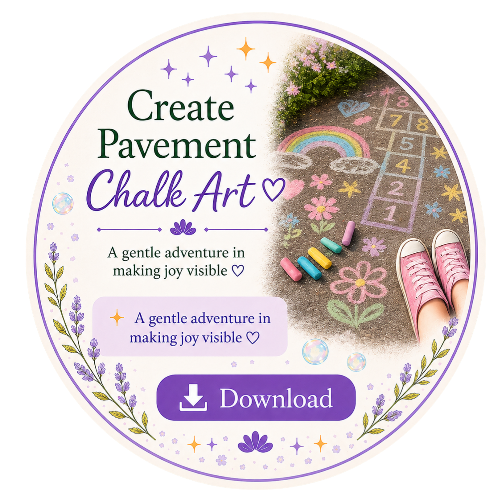 Promotional disc for creating pavement chalk art, featuring colorful chalk drawings of a rainbow, hearts, flowers, hopscotch, and a hopscotch game, with pink sneakers visible.