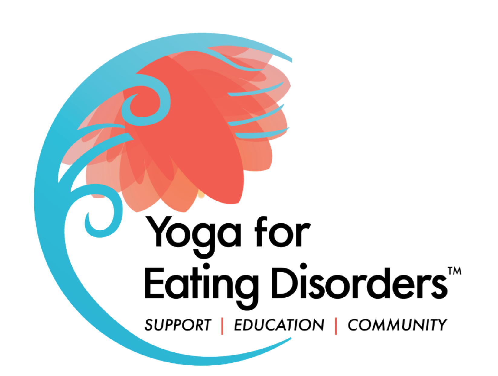 Logo for Yogo for Eating Disorders featuring a stylized coral-colored flower with swirling blue elements and a person’s profile in coral within the flower, with words 'Support, Education, Community' underneath.