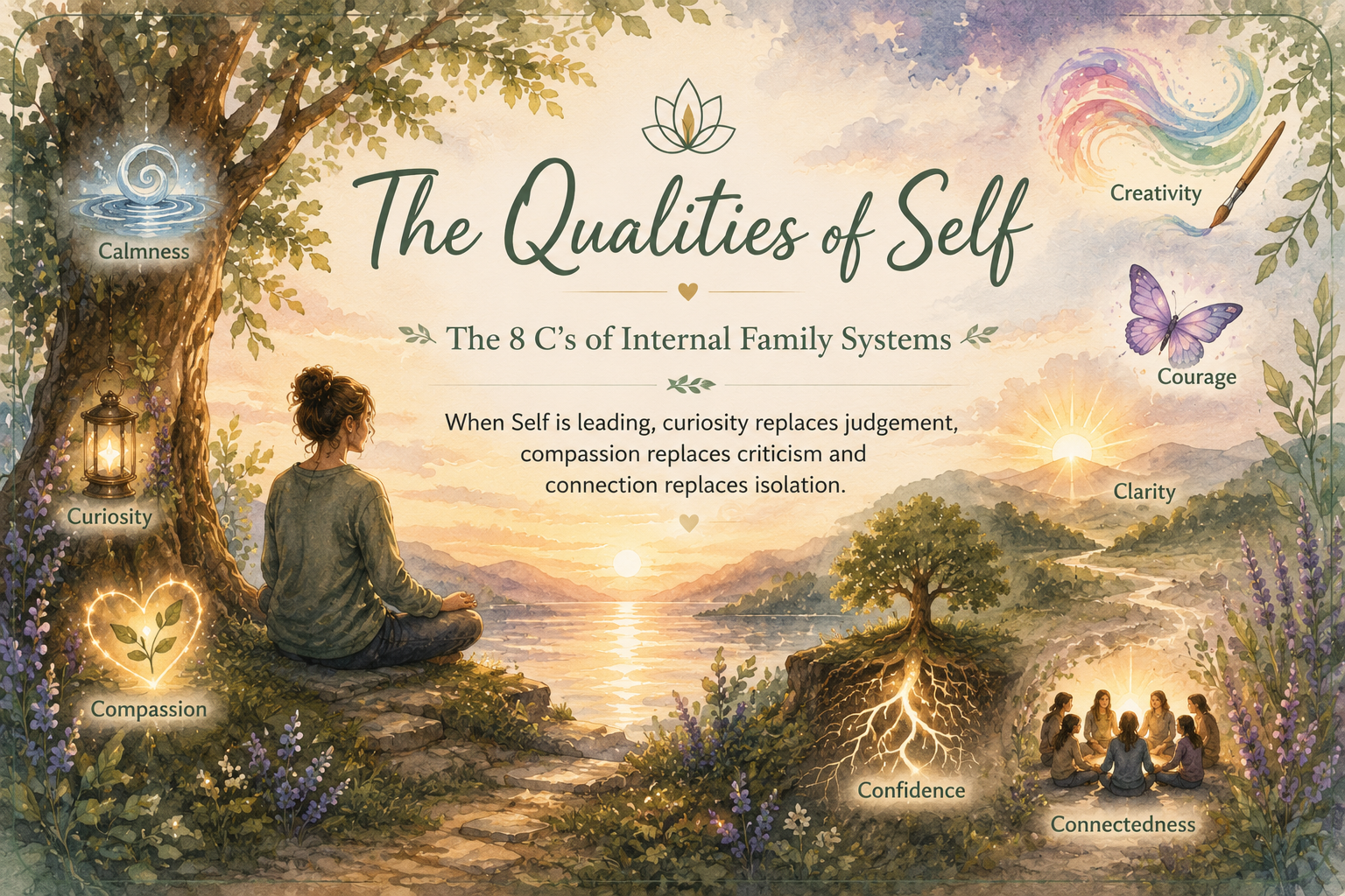 A serene watercolor illustration depicting a young woman meditating beside a lake at sunset, surrounded by trees and flowers. The image features symbols and labels for the eight qualities of self: Calmmess, Curiosity, Compassion, Creativity, Courage, Clarity, Confidence, and Connectedness.