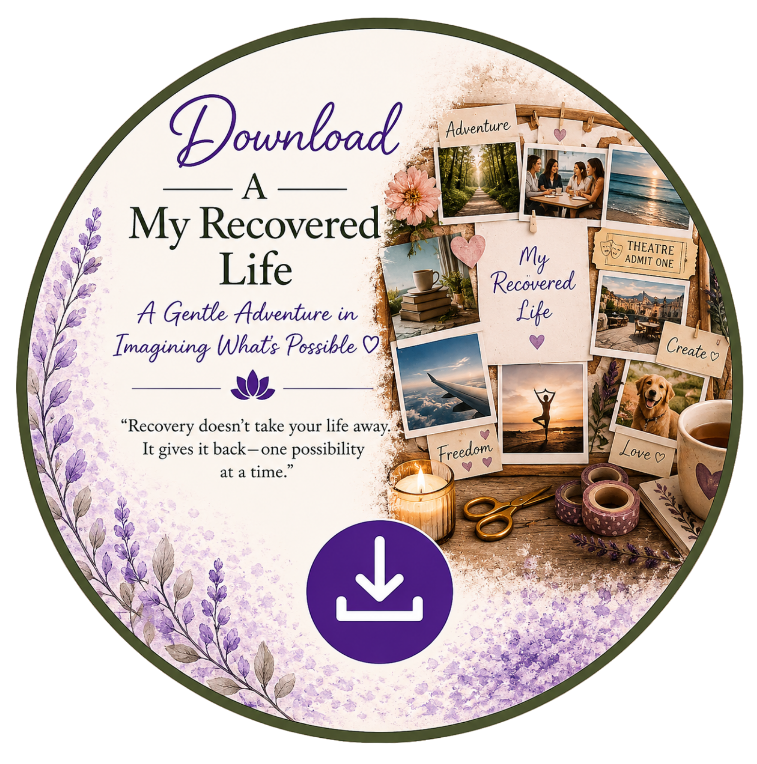 Download button on a tablet screen with an image collage background. The collage includes photos of a forest path, women talking, a sunset over the water, a cup of coffee, scenic city views, a dog, and a person practicing yoga, along with decorative elements like flowers, hearts, and tape.