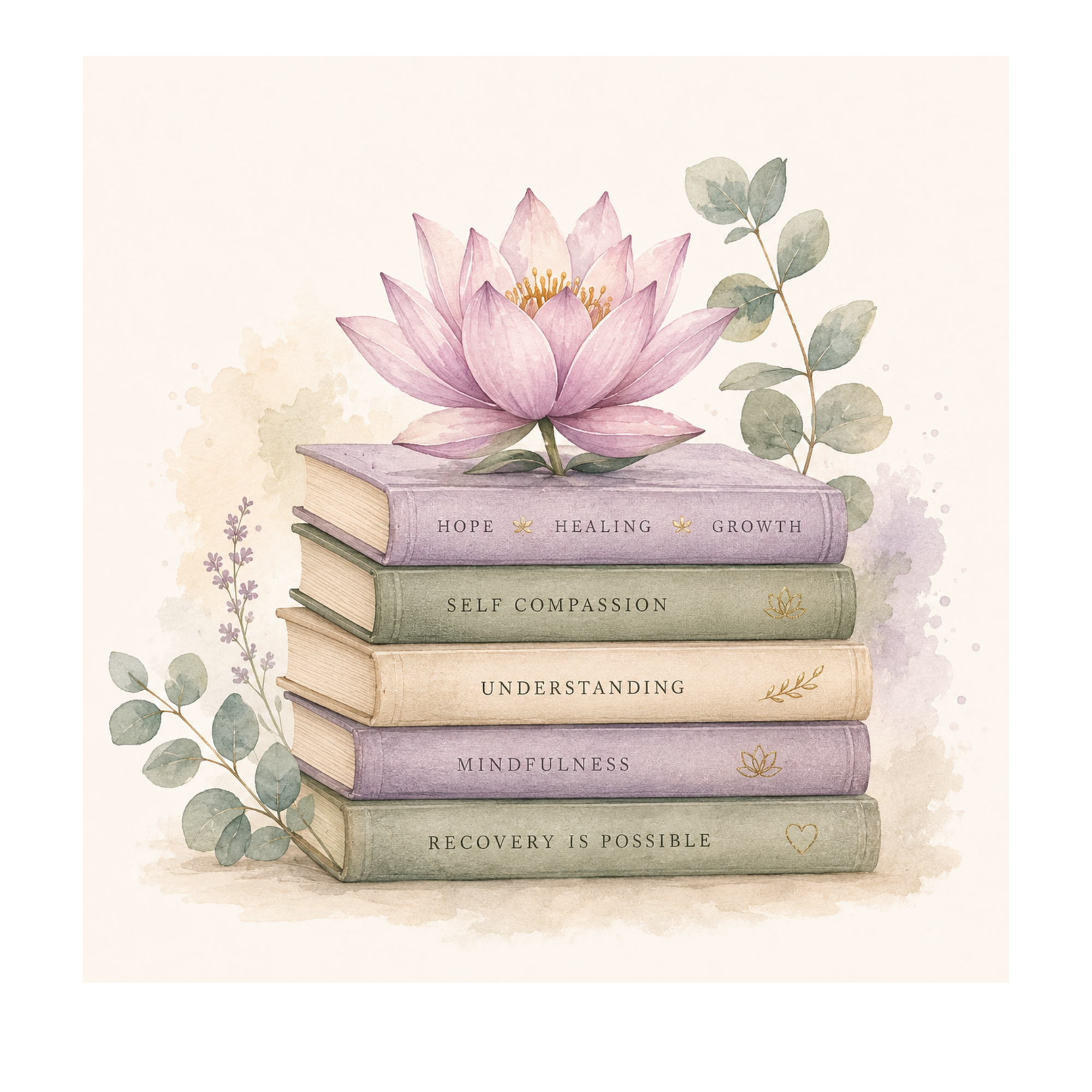 Watercolor illustration of a pink lotus flower atop a stack of three books with titles: Hope, Healing, Growth; Self Compassion; Understanding; Mindfulness; Recovery is Possible; surrounded by eucalyptus leaves.