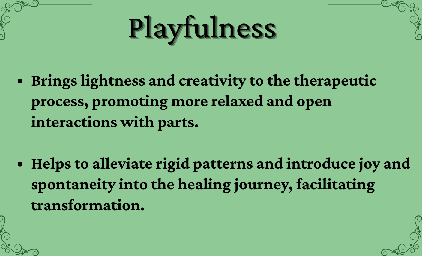 A presentation slide titled "Playfulness" with two bullet points about its benefits in therapy, highlighting lightness, creativity, relaxation, open interaction, joy, and transformation.