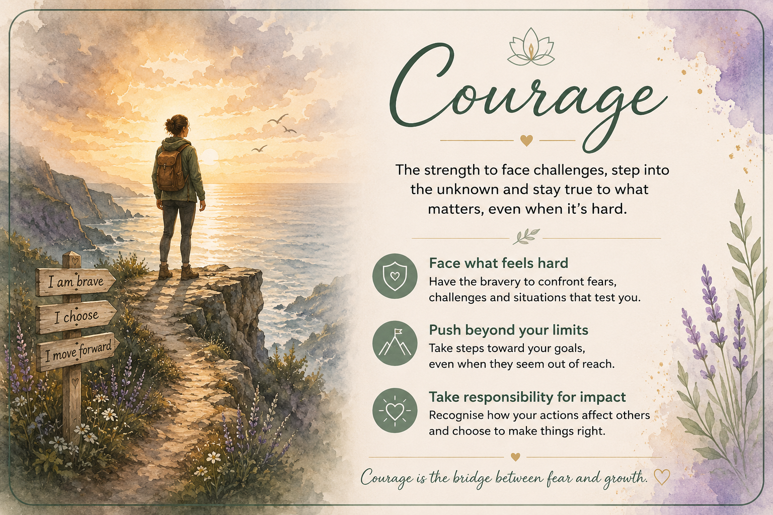 A woman with a backpack standing on a rocky path overlooking the ocean at sunset. Signposts nearby read: 'I am brave,' 'I choose,' and 'I move forward.' The image is part of an inspirational poster about courage, featuring text that encourages facing fears, pushing limits, and taking responsibility for impact.