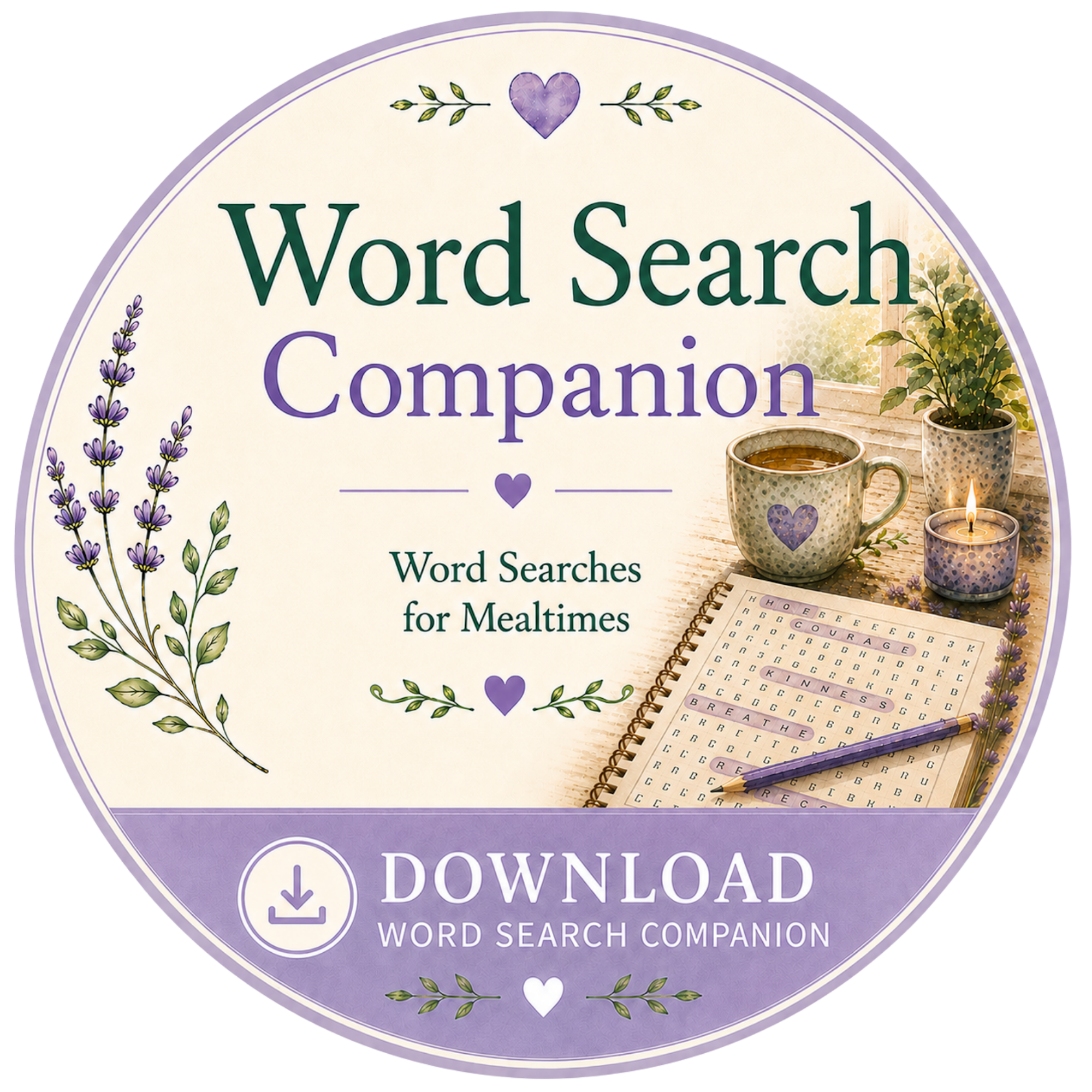A circular graphic promoting a word search companion app with lavender and purple color scheme, featuring lavender flowers, a cozy window scene, cups of tea, a lit candle, and a crossword puzzle on a notepad.