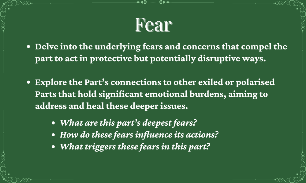 Green presentation slide with the title 'Fear' and bulleted text about exploring underlying fears, emotional burdens, and triggers related to fear.