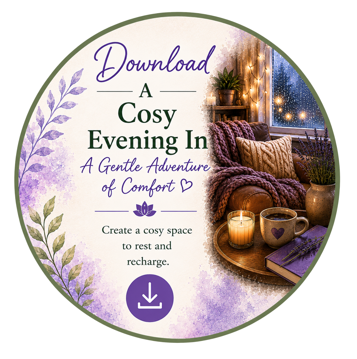 A promotional graphic inviting users to download a guide on creating a cozy evening space. The graphic features a cozy living room scene with a knitted blanket, pillows, a candle, a cup of coffee, and a lavender sprig, all illuminated by soft lighting and rainy window. The text reads: 'Download A Cosy Evening In, A Gentle Adventure of Comfort. Create a cosy space to rest and recharge.'