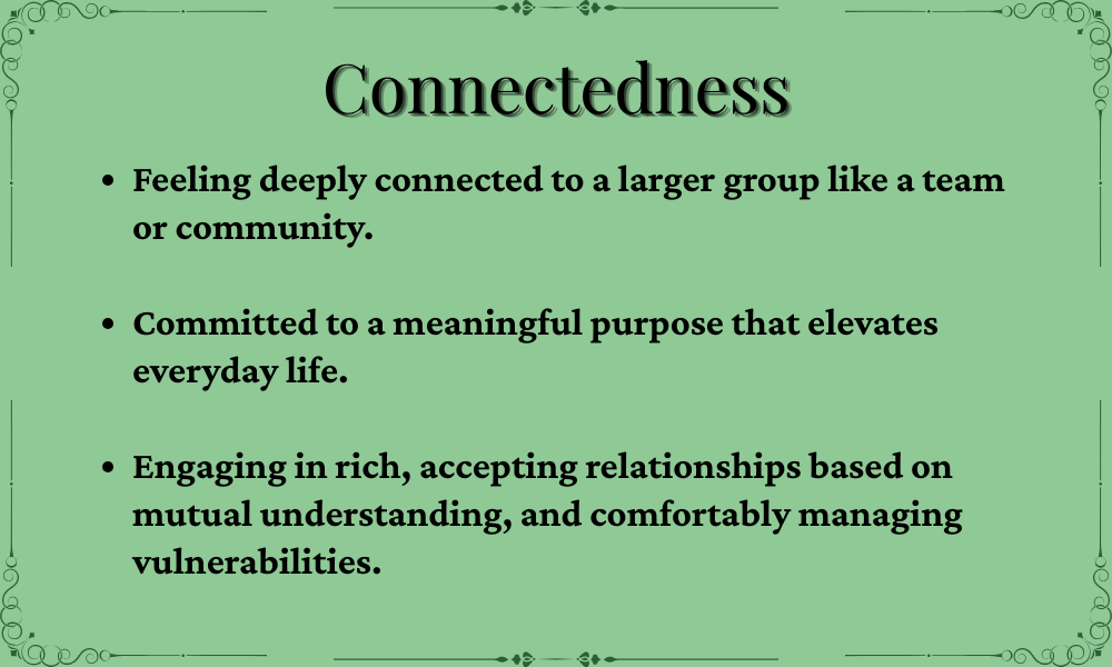 Green informational slide with the title 'Connectedness' and bulleted points about feeling connected to a group, committed to a meaningful purpose, and engaging in trusting relationships.