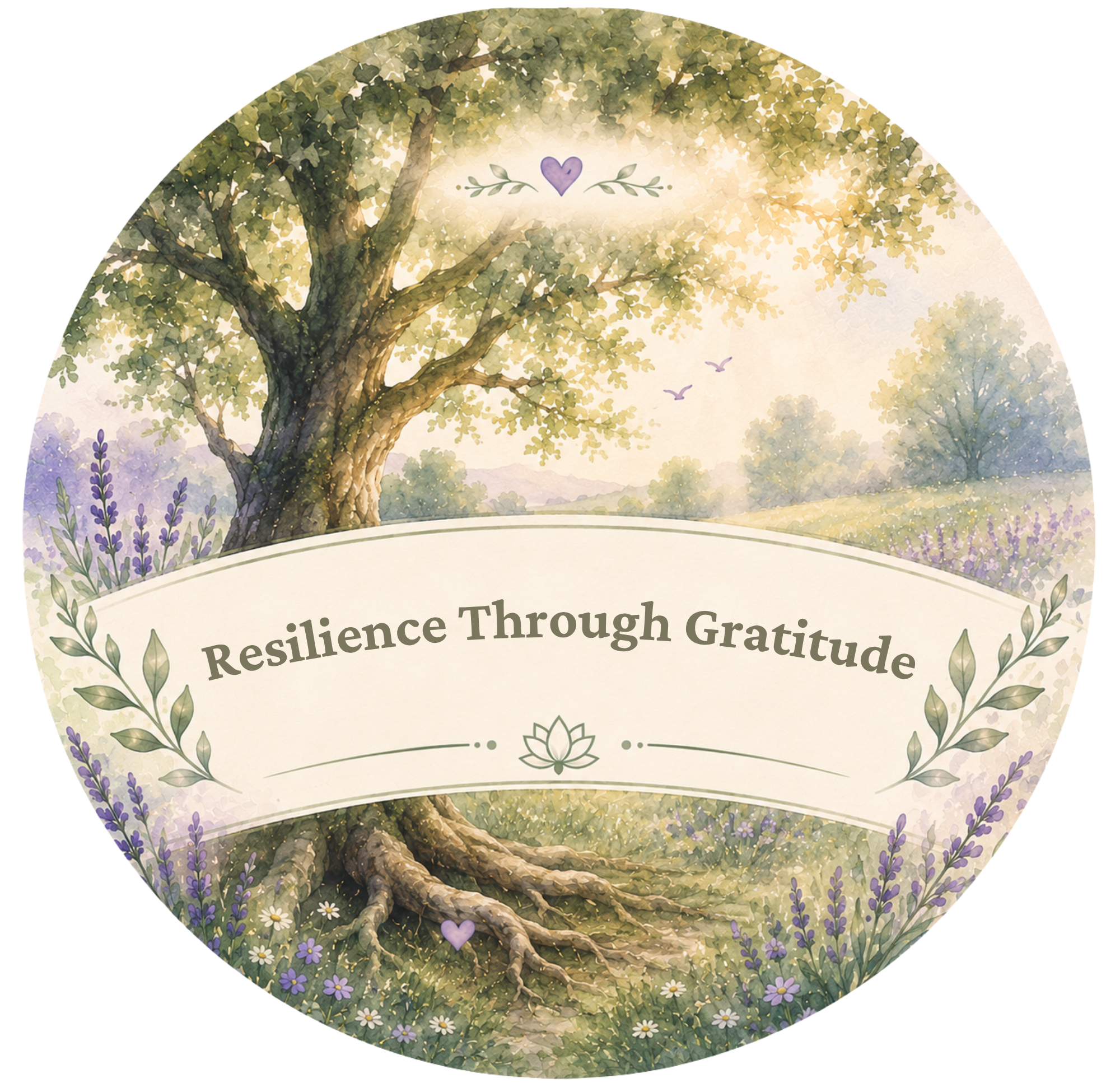 Illustration of a tree with green leaves and purple flowers surrounding the base, sunlight shining through the branches, with small purple hearts at the top and bottom, and the words 'Resilience Through Gratitude' below the tree.