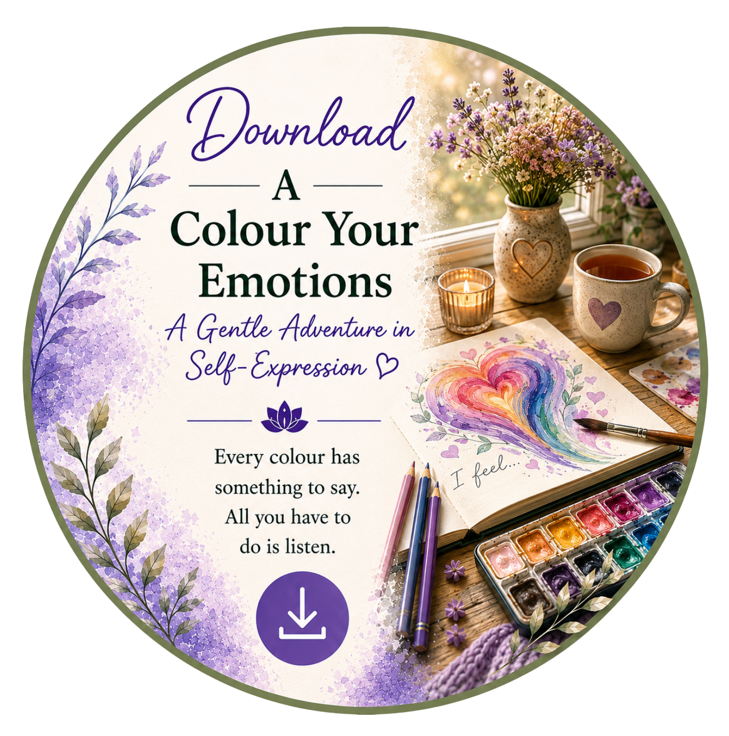 A promotional image for a downloadable self-expression guide titled 'A Colour Your Emotions' featuring watercolor art supplies, a painted heart in a sketchbook, a cup of tea, flowers, and a lit candle on a windowsill.