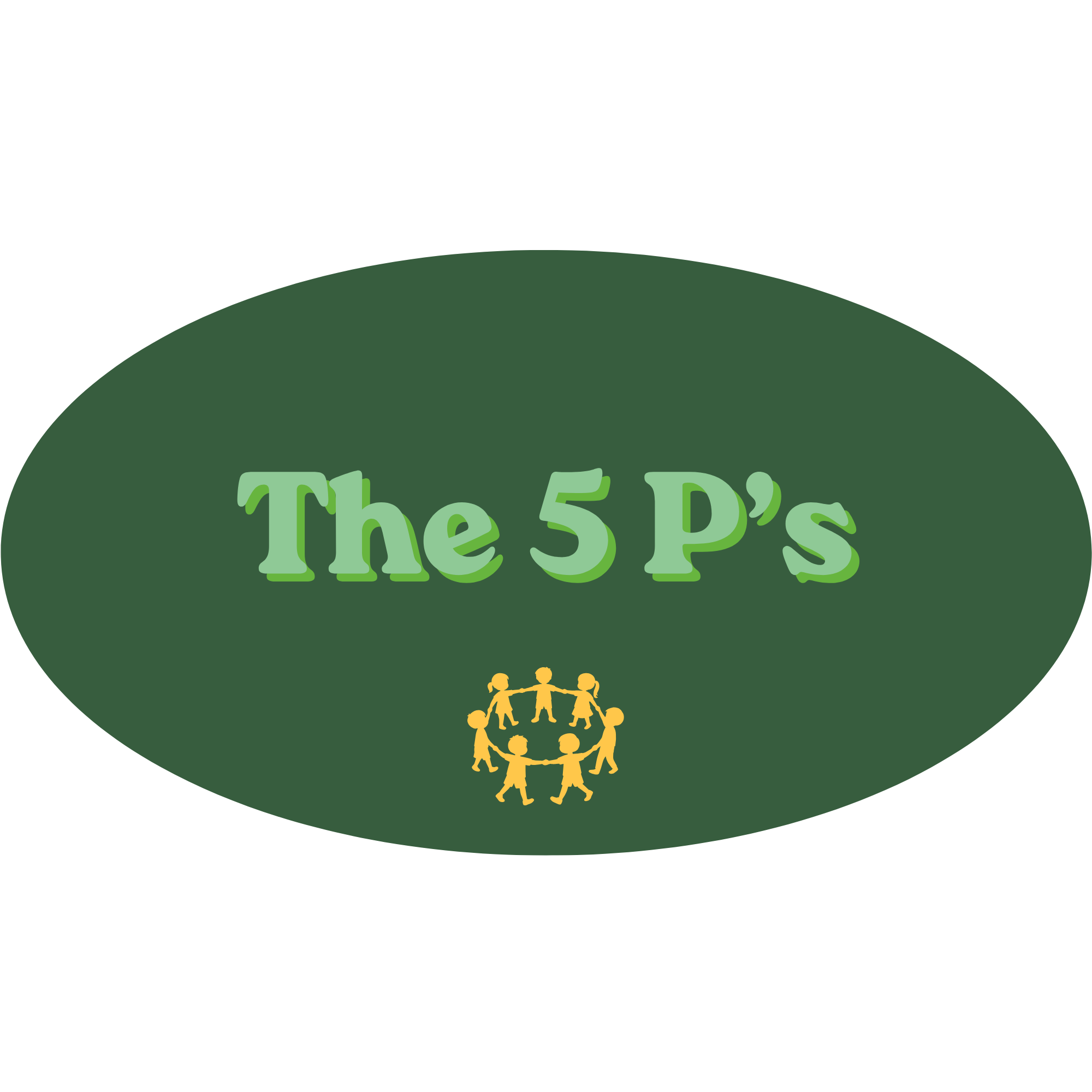 Green circular badge with the text 'The 5 D's' and a small graphic of children holding hands at the bottom.