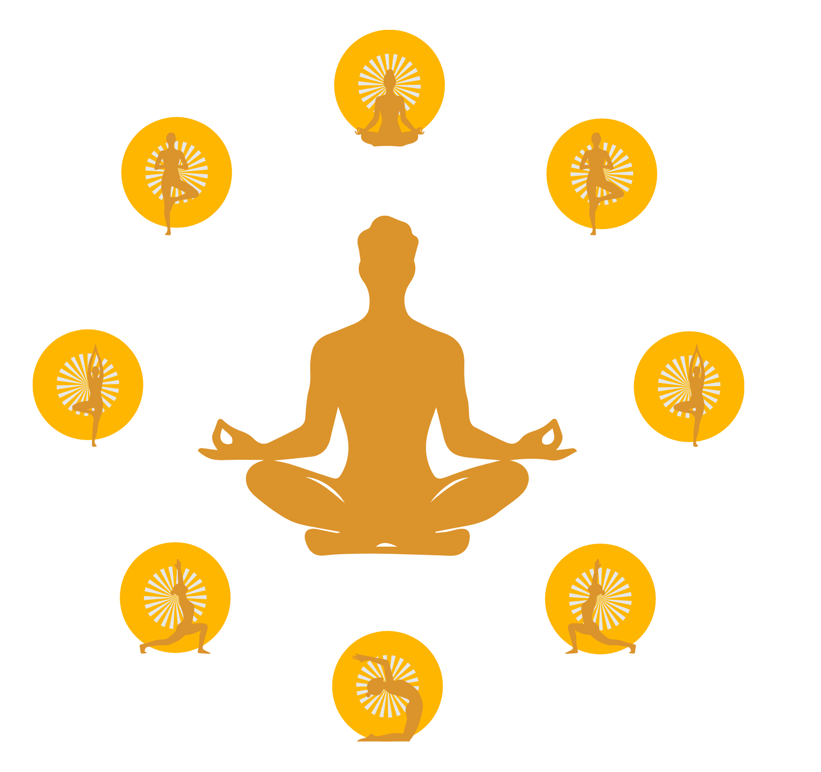 A person practicing yoga in a seated meditative pose, with multiple yoga practice icons surrounding, all in gold on a black background.