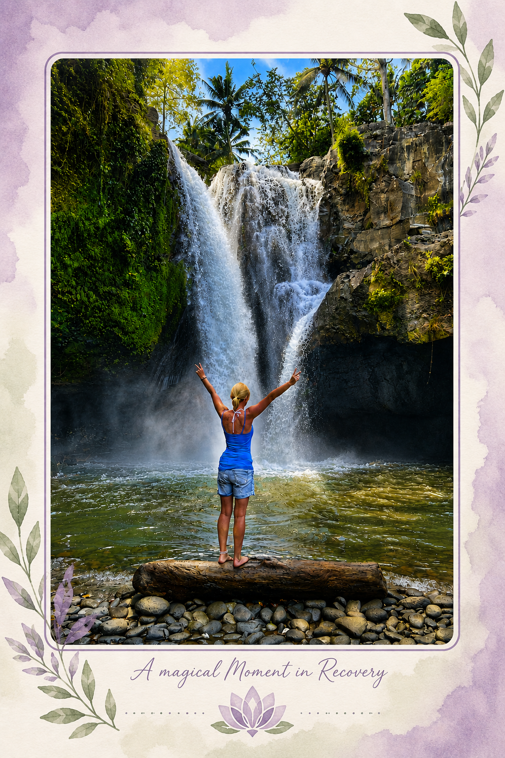 A woman in a blue tank top and shorts stands on a log with arms raised in front of a waterfall surrounded by lush greenery.