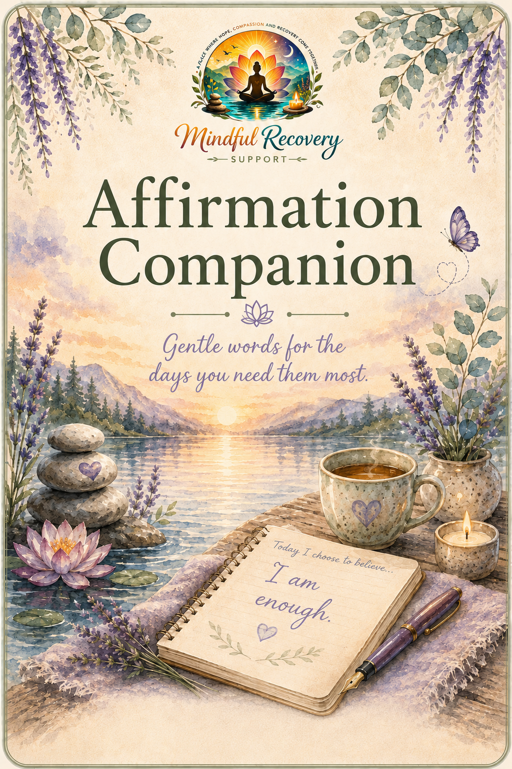 A serene outdoor scene with mountains, water, and sunrise, featuring a stack of stones with a heart, a lotus flower, a cup of tea, a notebook with an affirmation, and potted lavender plants, all decorated with candles and a butterfly, promoting mindfulness and gentle words.