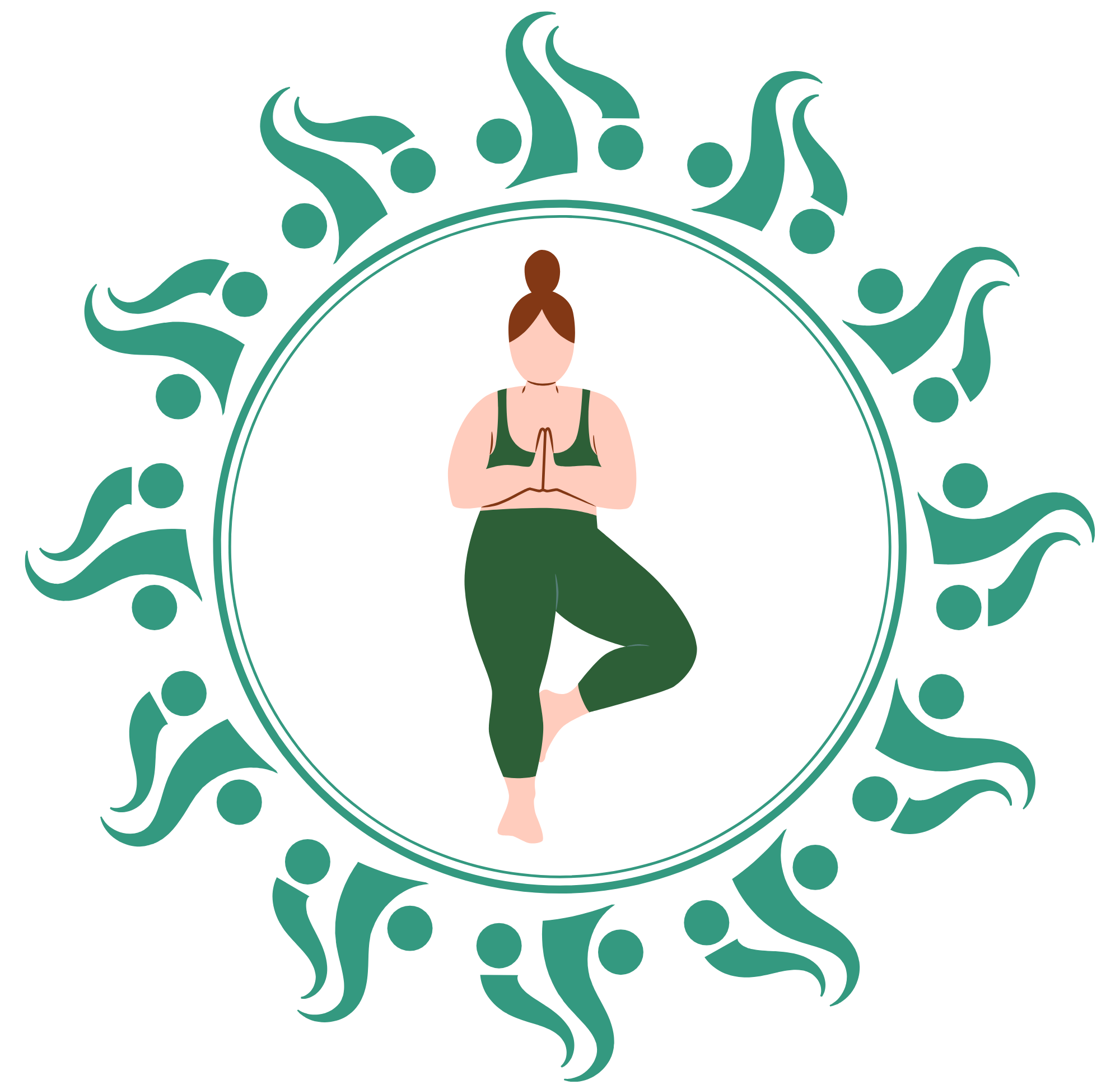 Illustration of a woman practicing yoga in a meditative pose with hands together, sitting cross-legged, surrounded by a decorative circular pattern.