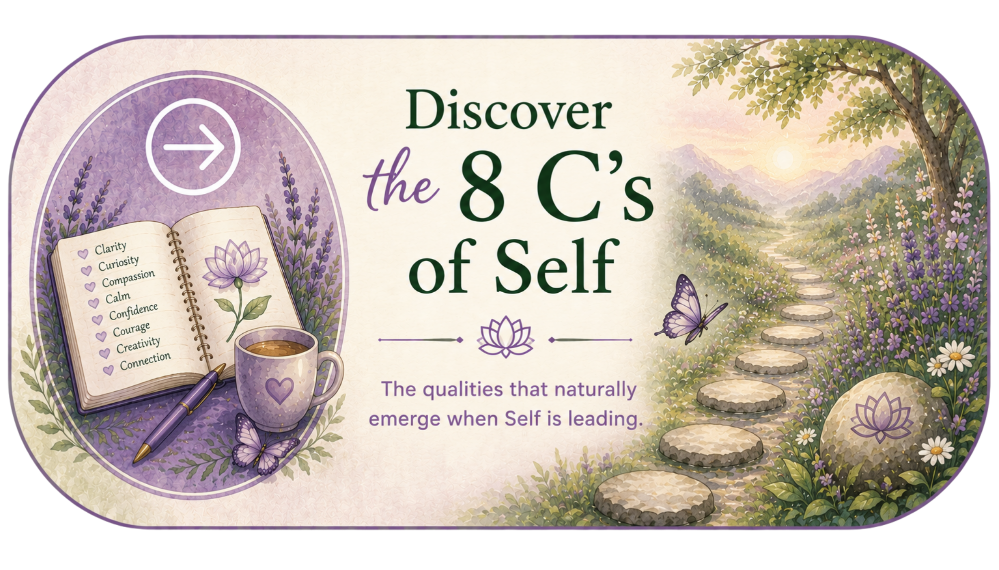 A colorful illustration promoting self-discovery of the 8 C’s of self, featuring a sunlit path through a field of purple and white flowers, a tree, a butterfly, and an open notebook listing qualities such as clarity, curiosity, compassion, calm, confidence, courage, creativity, and connection.