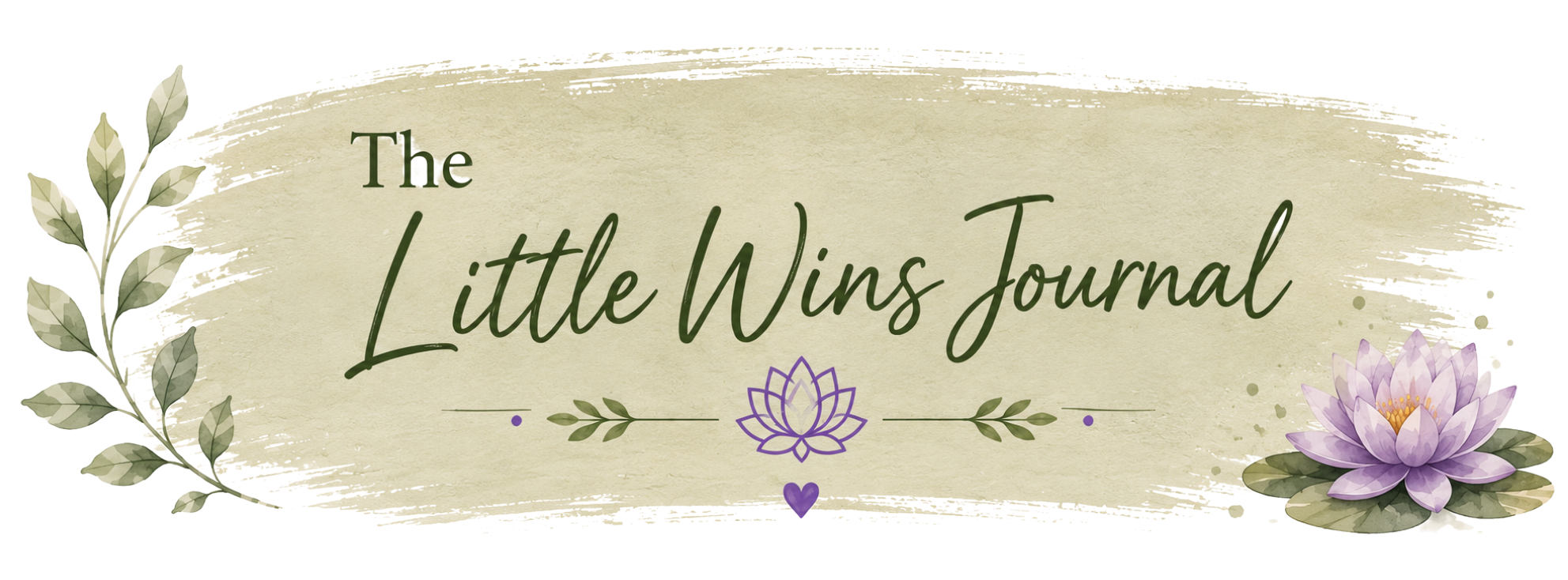 Decorative journal cover with green leaves on the left, a purple lotus flower on the right, and the title 'The Little Wins Journal' written in elegant script on a beige textured background.