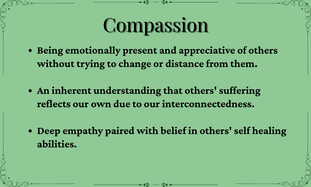 A green informational poster titled 'Compassion' with definition points about emotional presence, understanding interconnectedness, and empathy.