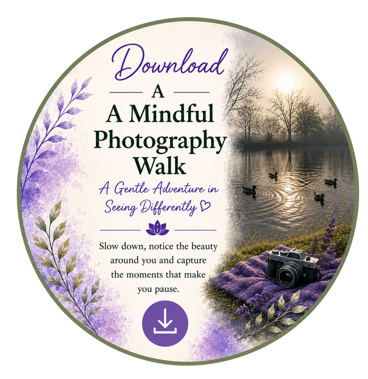 Circular graphic promoting a mindful photography walk with a serene lake scene at sunset and a camera resting on a purple blanket, surrounded by lavender flowers.