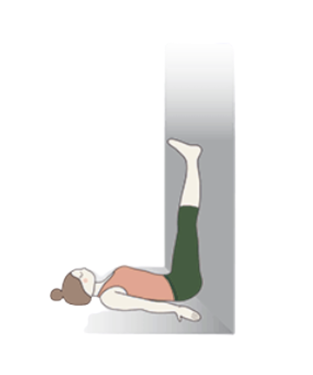 Illustration of a girl lying on her back with her legs raised vertically against a wall, performing a yoga pose in a bedroom.