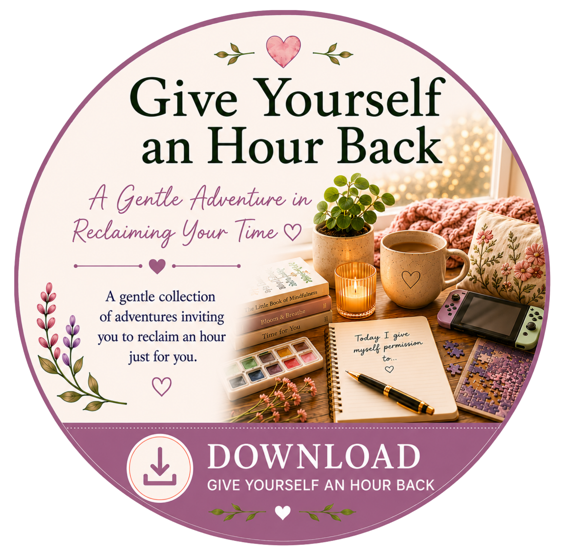 Cover of a book titled "Give Yourself an Hour Back" with a subtitle "A Gentle Adventure in Reclaiming Your Time." The cover features a cozy scene with a window, a potted plant, a cup, books, a notebook, watercolor paints, and a Nintendo Switch, all in warm and pastel tones.