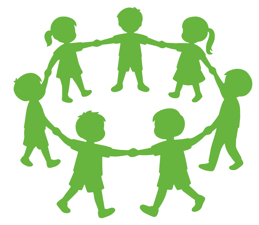 Silhouette of six children holding hands in a circle.