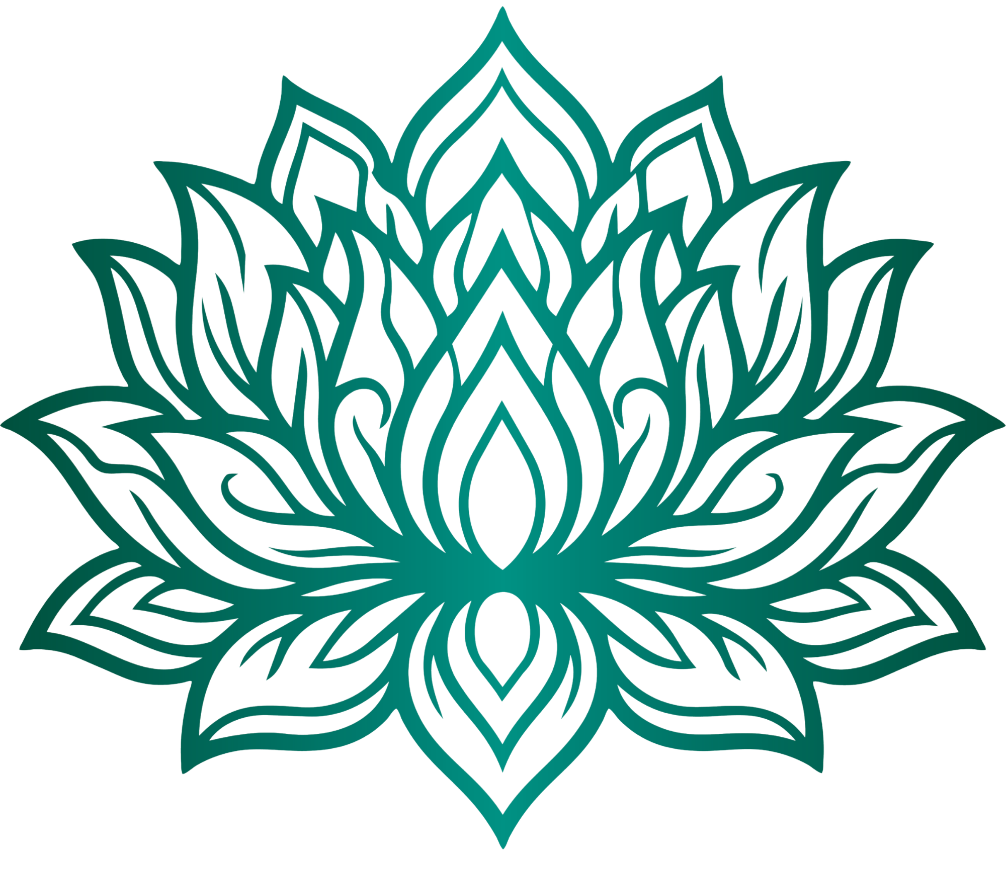 Stylized green and dark turquoise lotus-like floral graphic with intricate layered petal design.