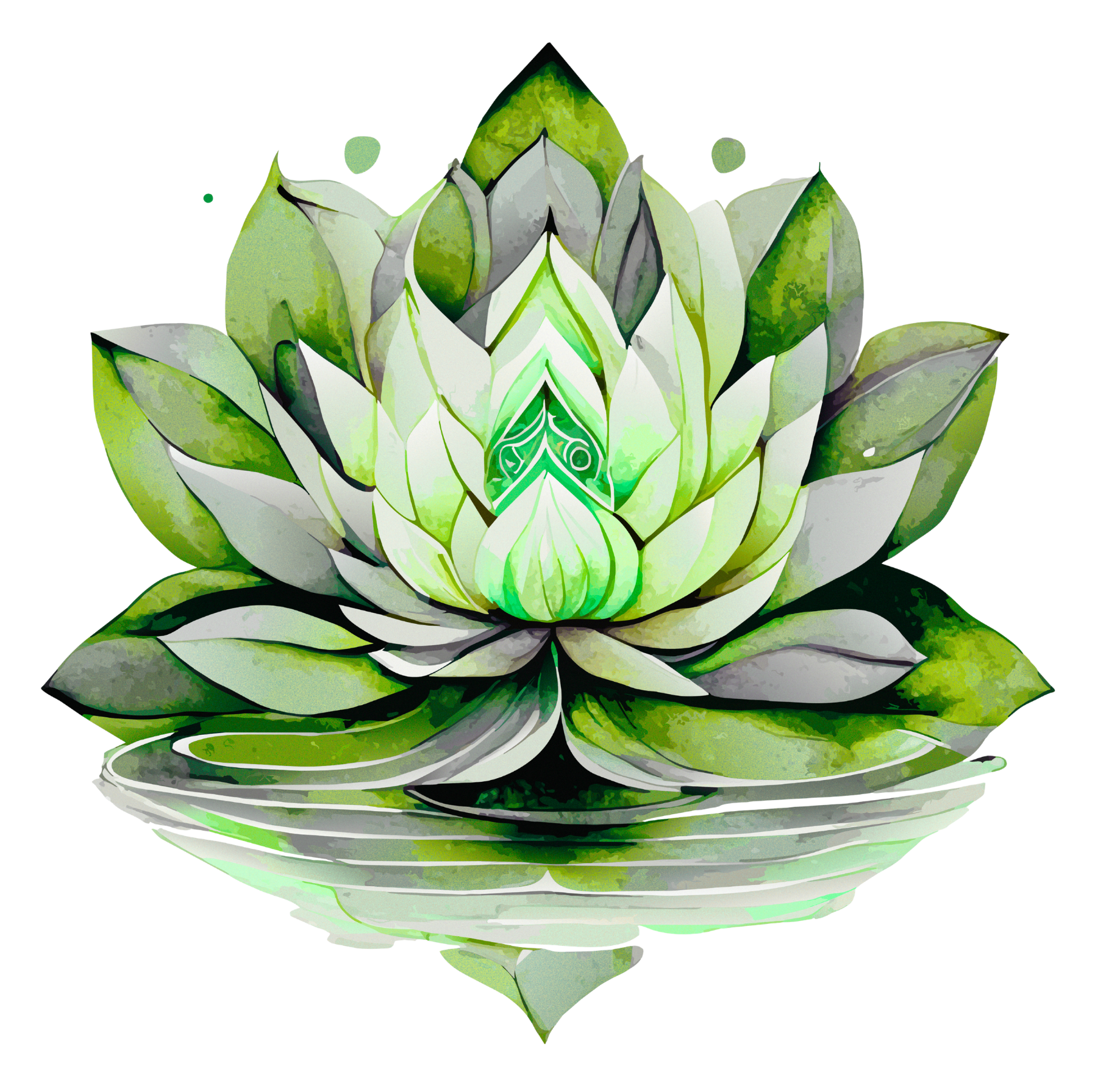 Illustration of a green and white succulent plant in a reflective black bowl