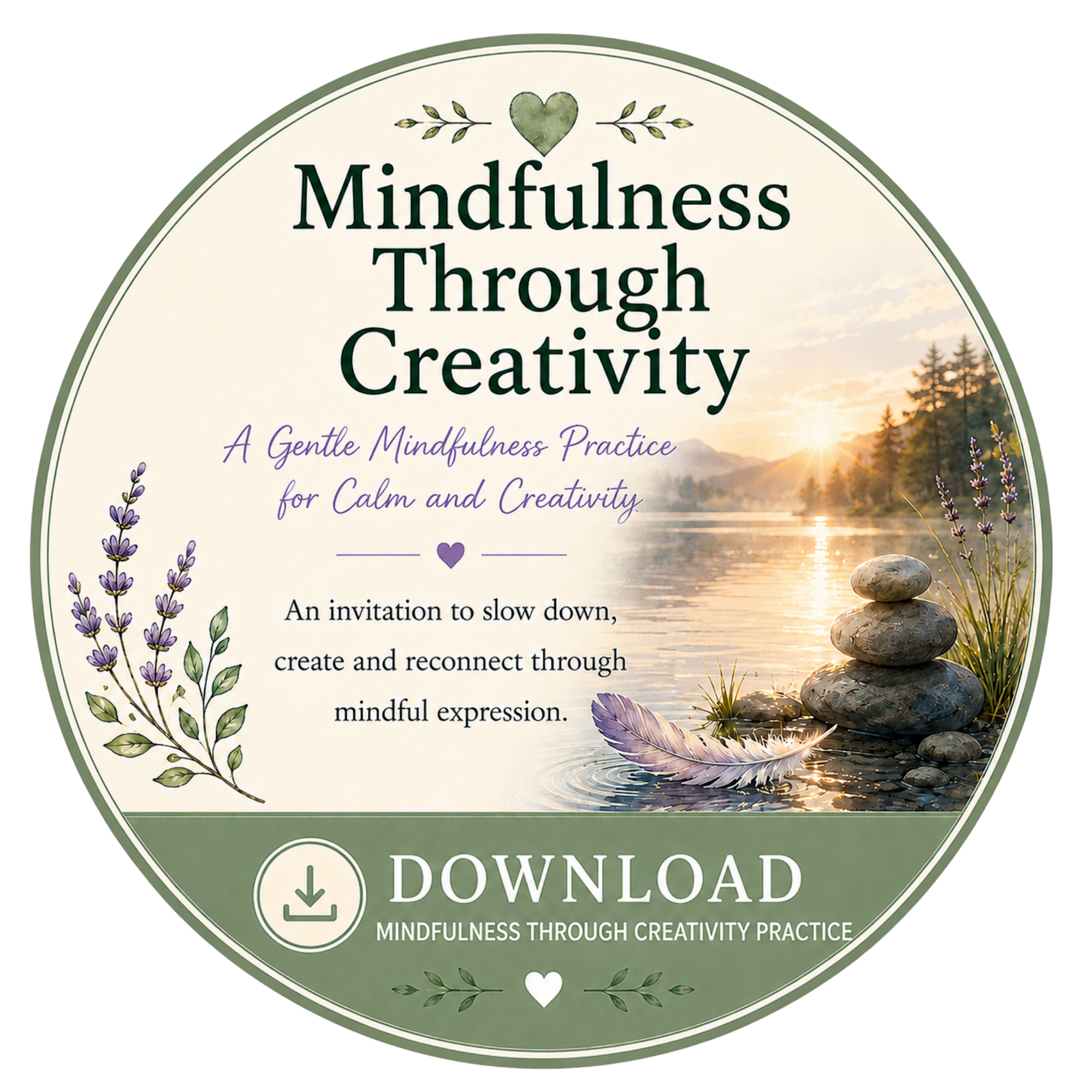 Circular promotional graphic for a mindfulness practice app or program, featuring nature imagery including a sunset over mountains, lavender flowers, and stacked rocks, with text about mindfulness through creativity practice and a download icon.