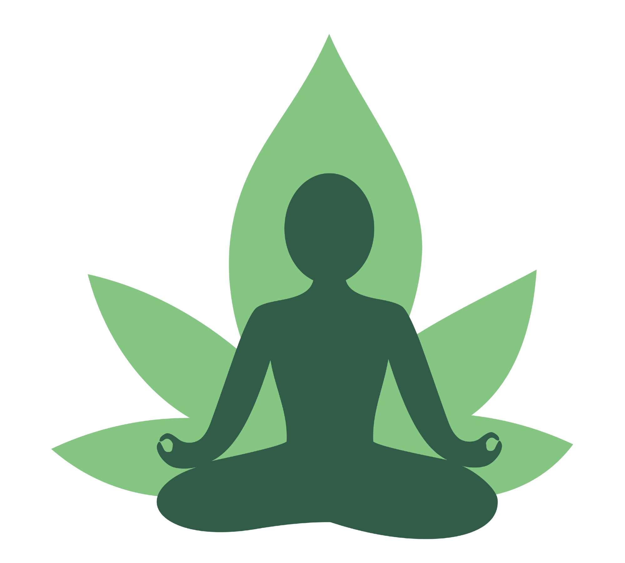 Silhouette of a person sitting in a lotus yoga pose, surrounded by green leaves and natural elements.