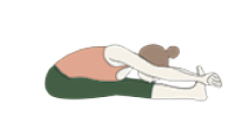 A person stretching forward with their arms extended and palms pressed together, wearing a pink shirt, green pants, and white shoes.