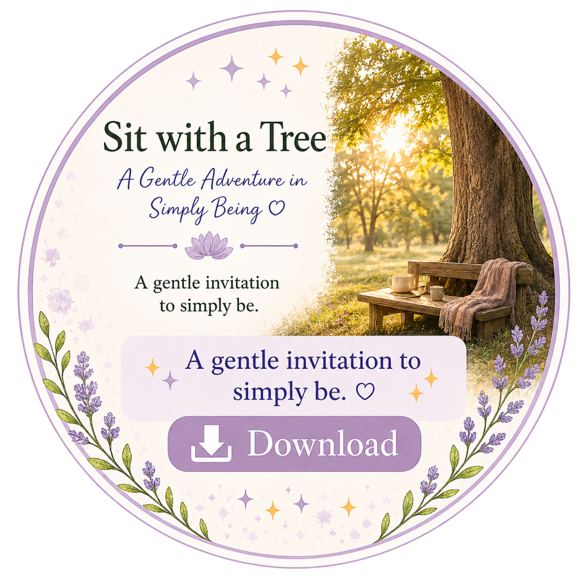 Invitation card with a nature theme, featuring a large tree with a bench beneath it, sunlight filtering through the leaves, and a background of a park or forest. The text reads "Sit with a Tree: A gentle adventure in simply being," with decorative floral and star elements surrounding the text.