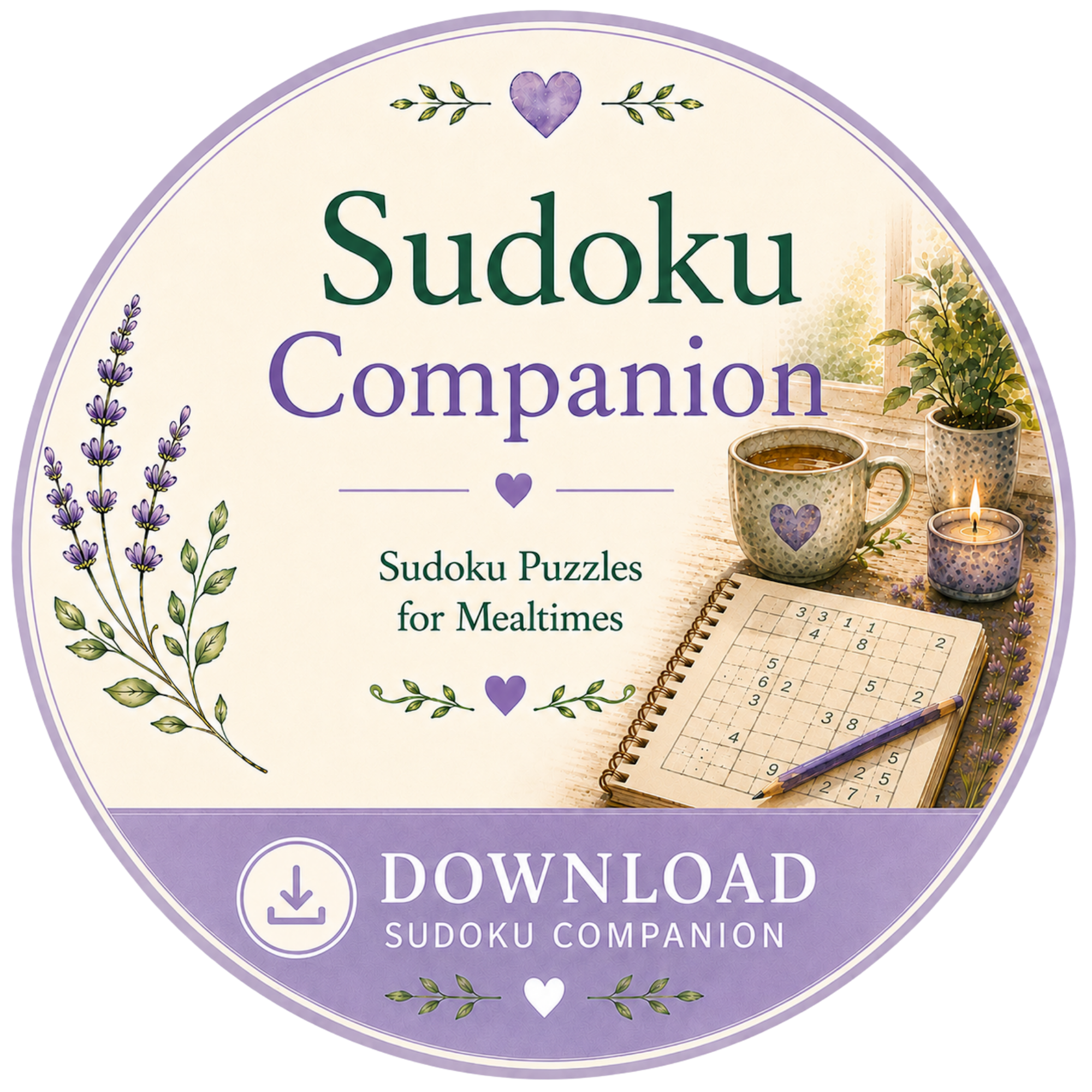 A purple and white Sudoku puzzle guide with floral designs, a cup of coffee, candles, a potted plant, a notebook, and a pencil on a table near a window with natural light.