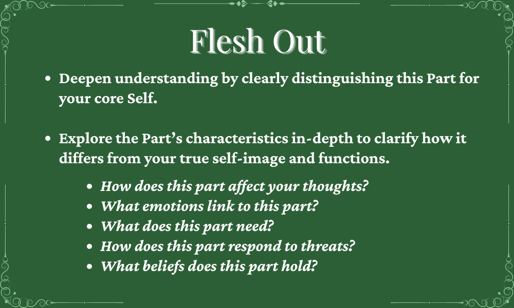 Green background with white text titled "Flesh Out" and bullet points emphasizing understanding, exploring characteristics, and asking introspective questions about one's core self.