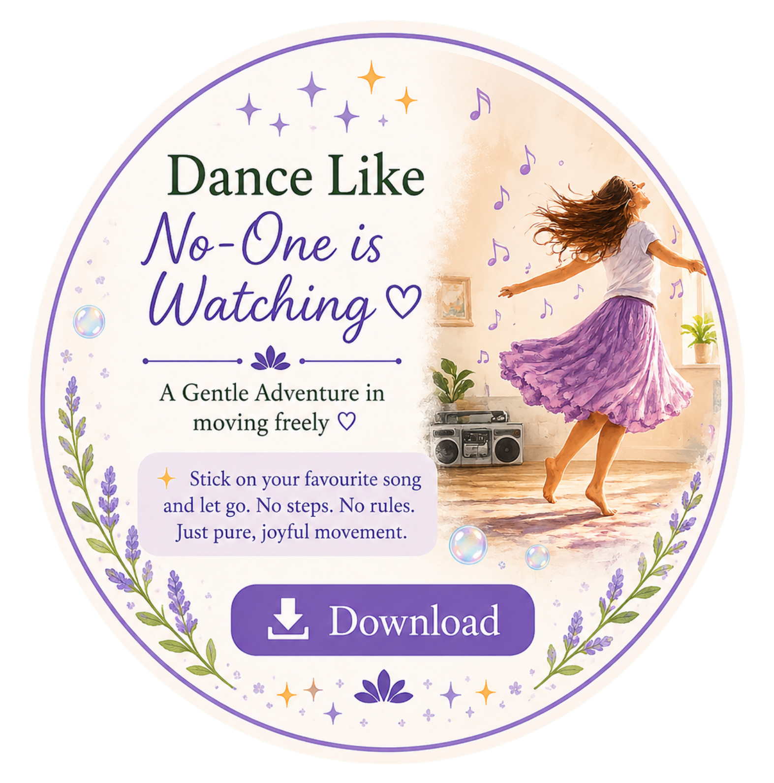 A woman dancing joyfully in a bright room with her hair flowing, wearing a white top and purple skirt, surrounded by music notes and a small plant on a windowsill.