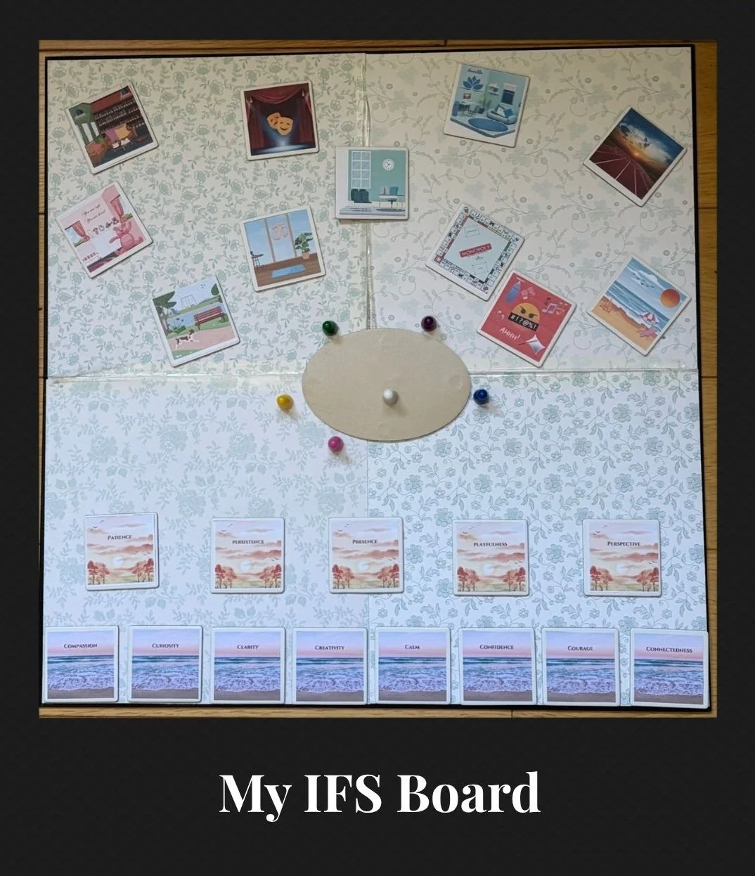 Photo of an IFS therapy or coaching card deck with various cards laid out on a decorative board, including themes like patience, persistence, calm, confidence, and connectedness, with small colorful pins holding some cards in place, and the caption "My IFS Board" at the bottom.