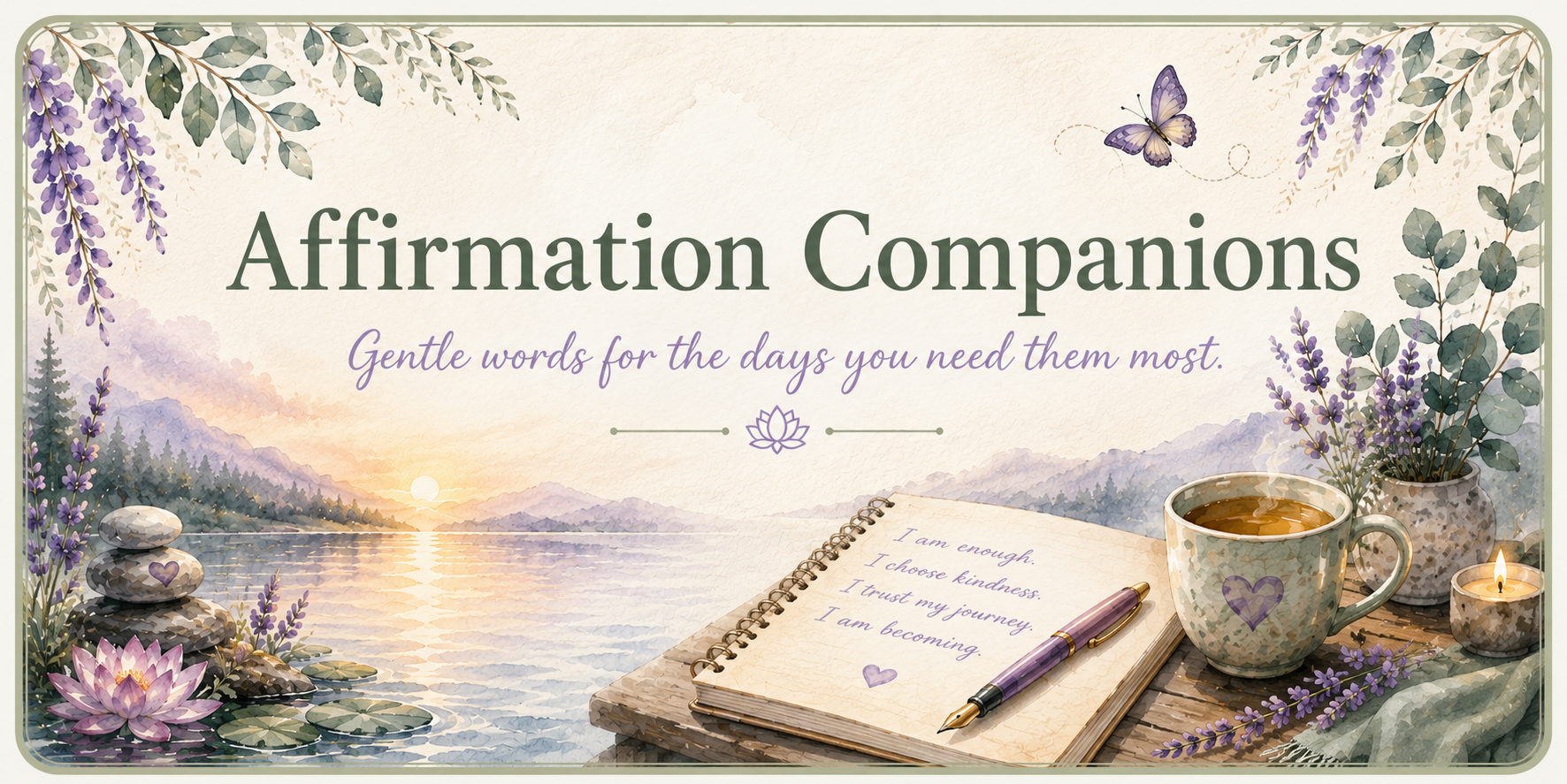 A watercolor illustration of a peaceful lakeside scene at sunrise with mountains, a lotus flower, and stacked stones. There's a notebook with affirmations, a cup of tea, lavender flowers, and candles on a wooden table.