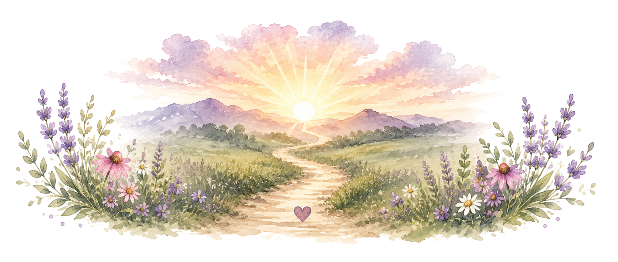 Watercolor illustration of a sunrise over mountains, with a winding path and wildflowers in the foreground.