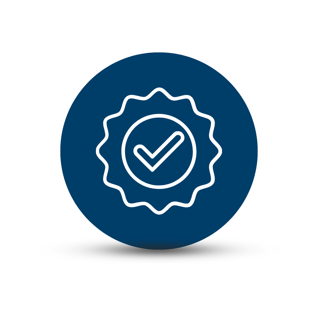 A blue circular badge with a white checkmark inside a circle, surrounded by a scalloped edge