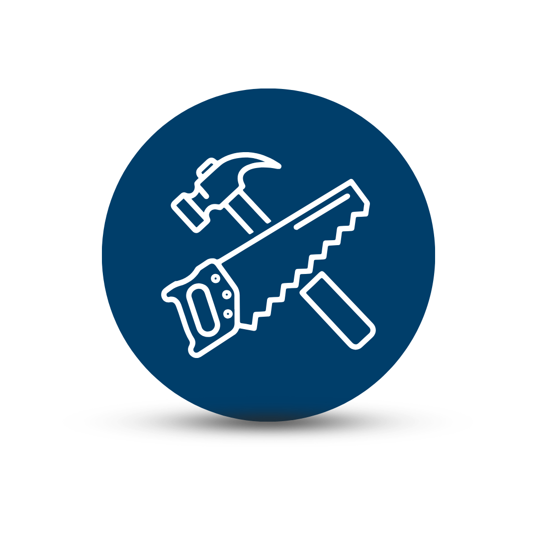 Icon of a hammer, saw, and file on a dark blue circular background.