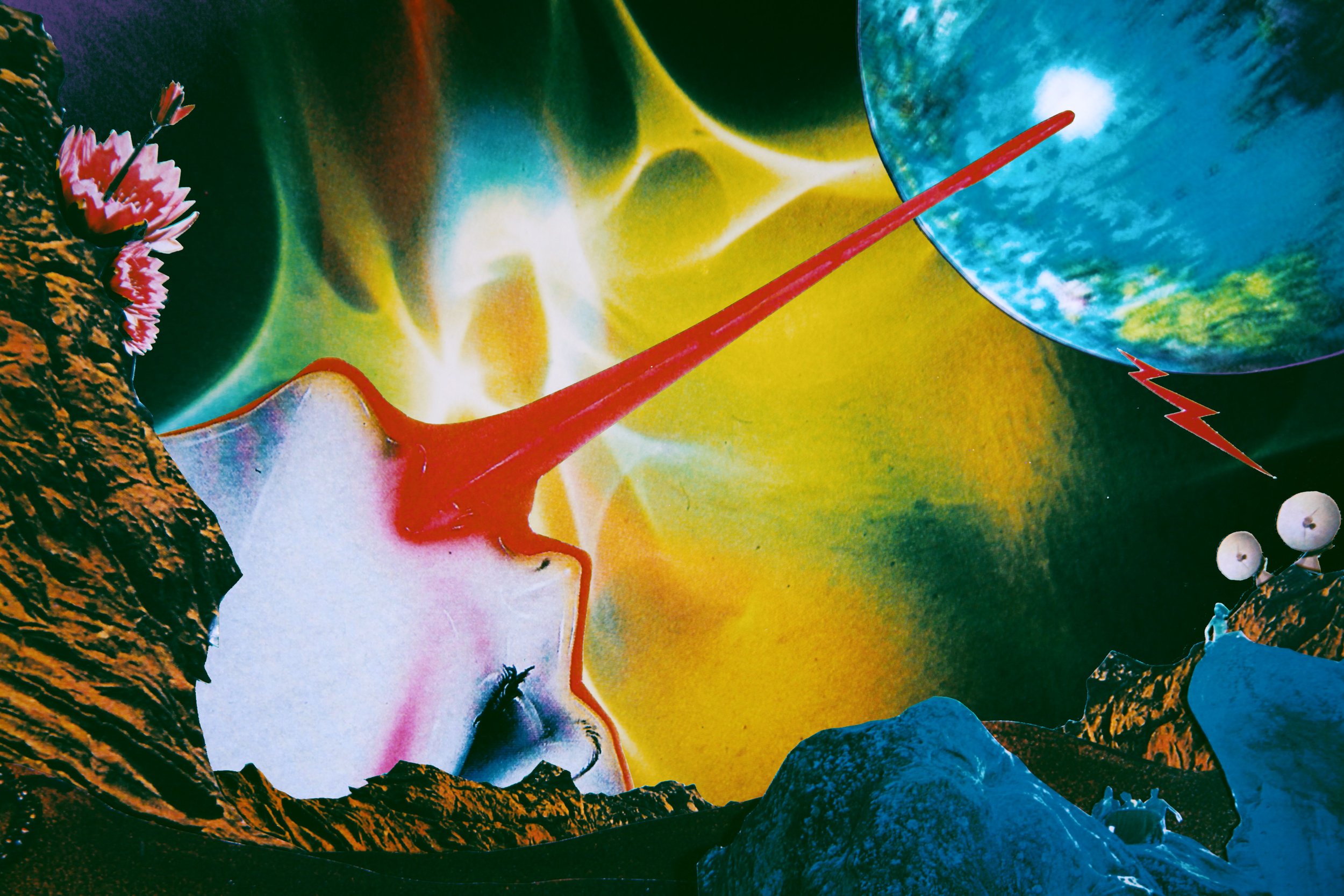 collage surrealistic of a beautiful white woman split laser on earth, flowers and technology in space psychedelic vibe