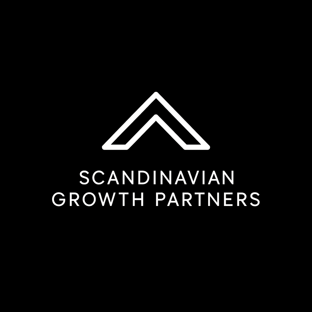 Black background with a white logo of a stylized mountain shape above the text 'Scandinavian Growth Partners' in white.