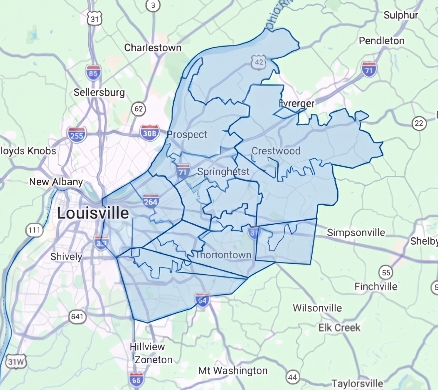 Map showing Louisville and its surrounding neighborhoods outlined in blue, including Prospect, Springhurst, Crestwood, and others.
