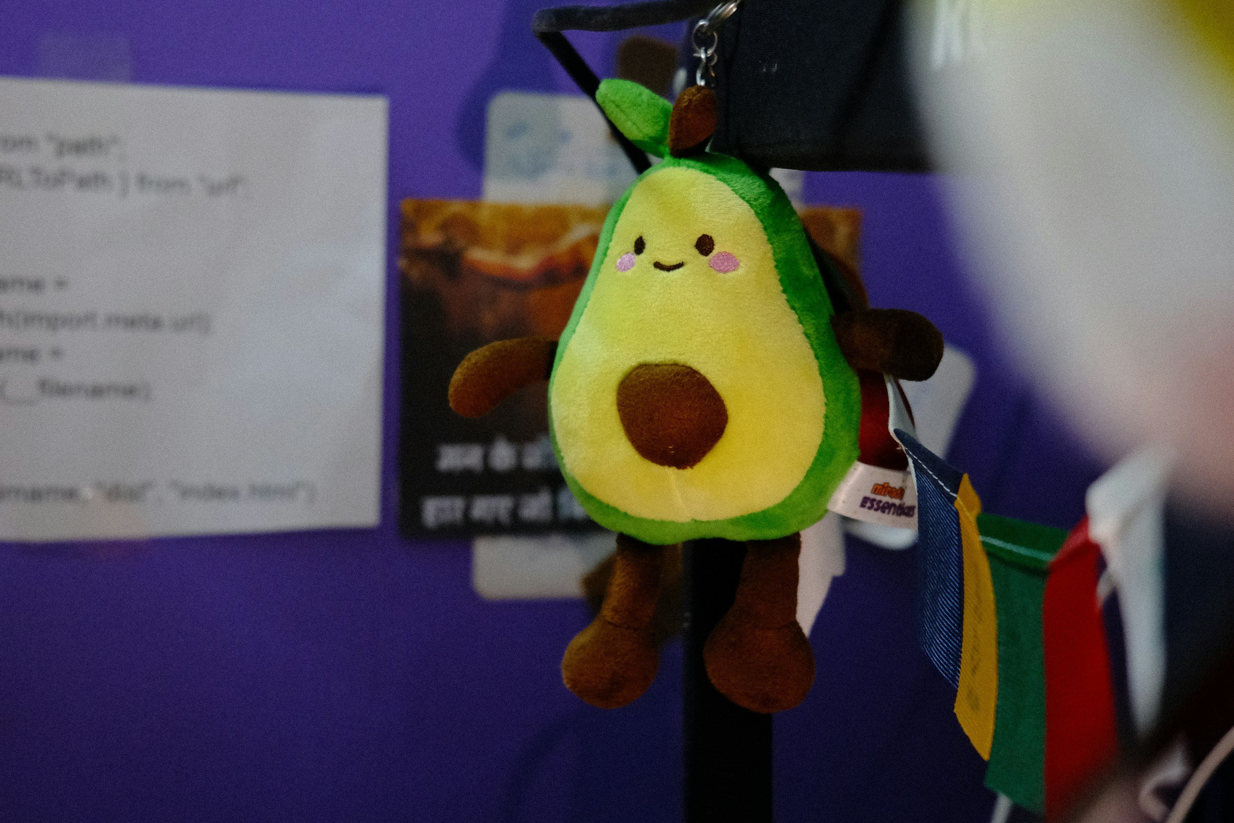 Een knuffeldier in de vorm van een avocado met een glimlachend gezicht, vastgehouden door iemand, met een paarse achtergrond.