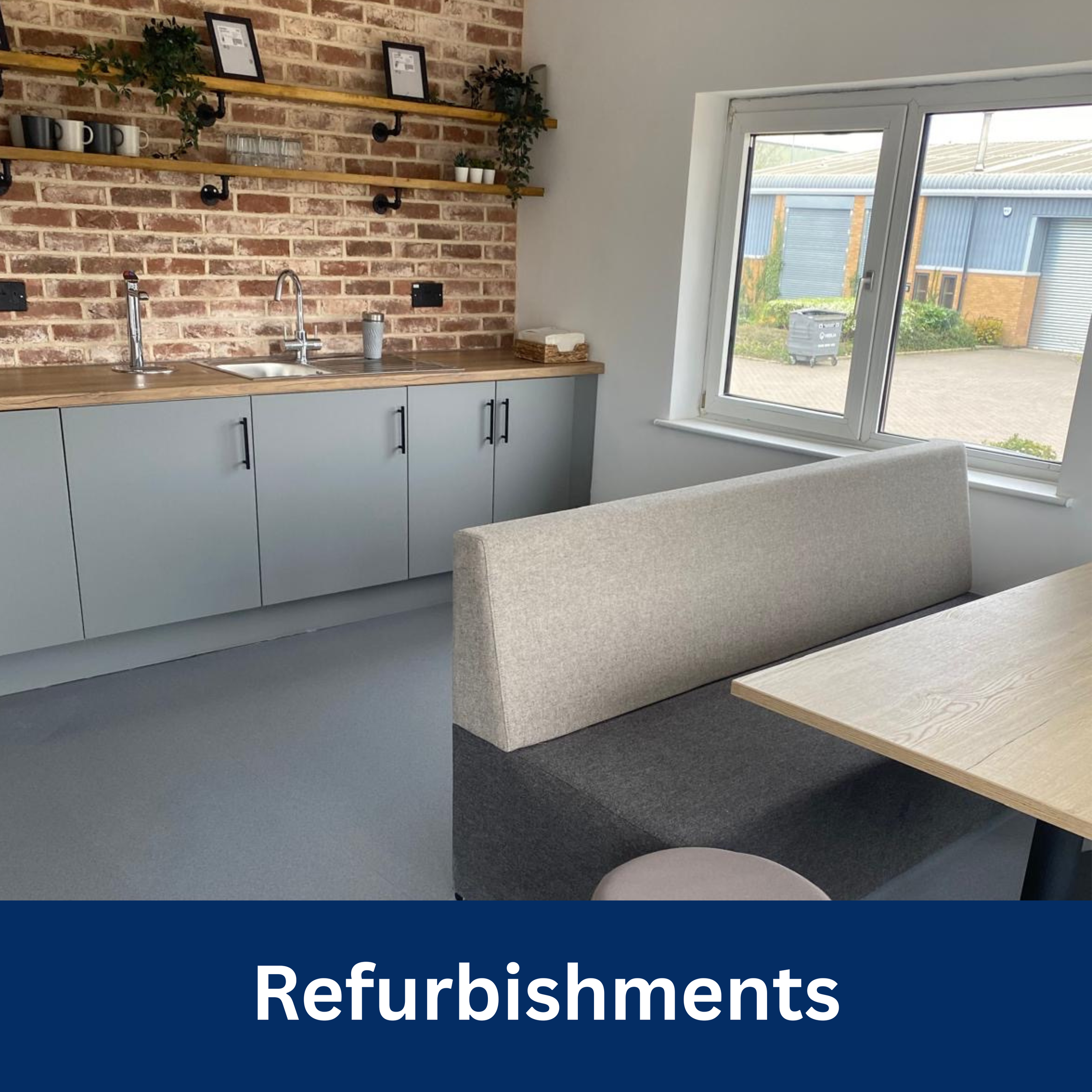 Commercial office refurbishment with kitchen, labeled Refurbishments.