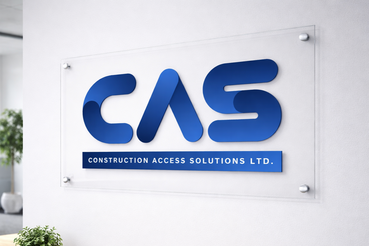Company sign for Construction Access Solutions Ltd. with the acronym 'CAS' in large blue 3D letters on a white wall.